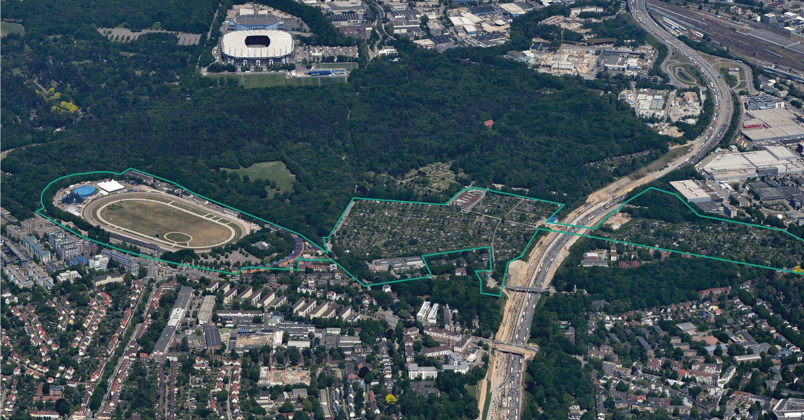 Luftbildaufnahme von der Science City Hamburg Bahrenfeld mit visualisierter Abgrenzung einzelner Gebiete.