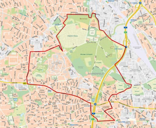 Stadtplan mit Markierung des 125 Hektar großen Gebiets, in dem die Science City Hamburg Bahrenfeld entsteht.